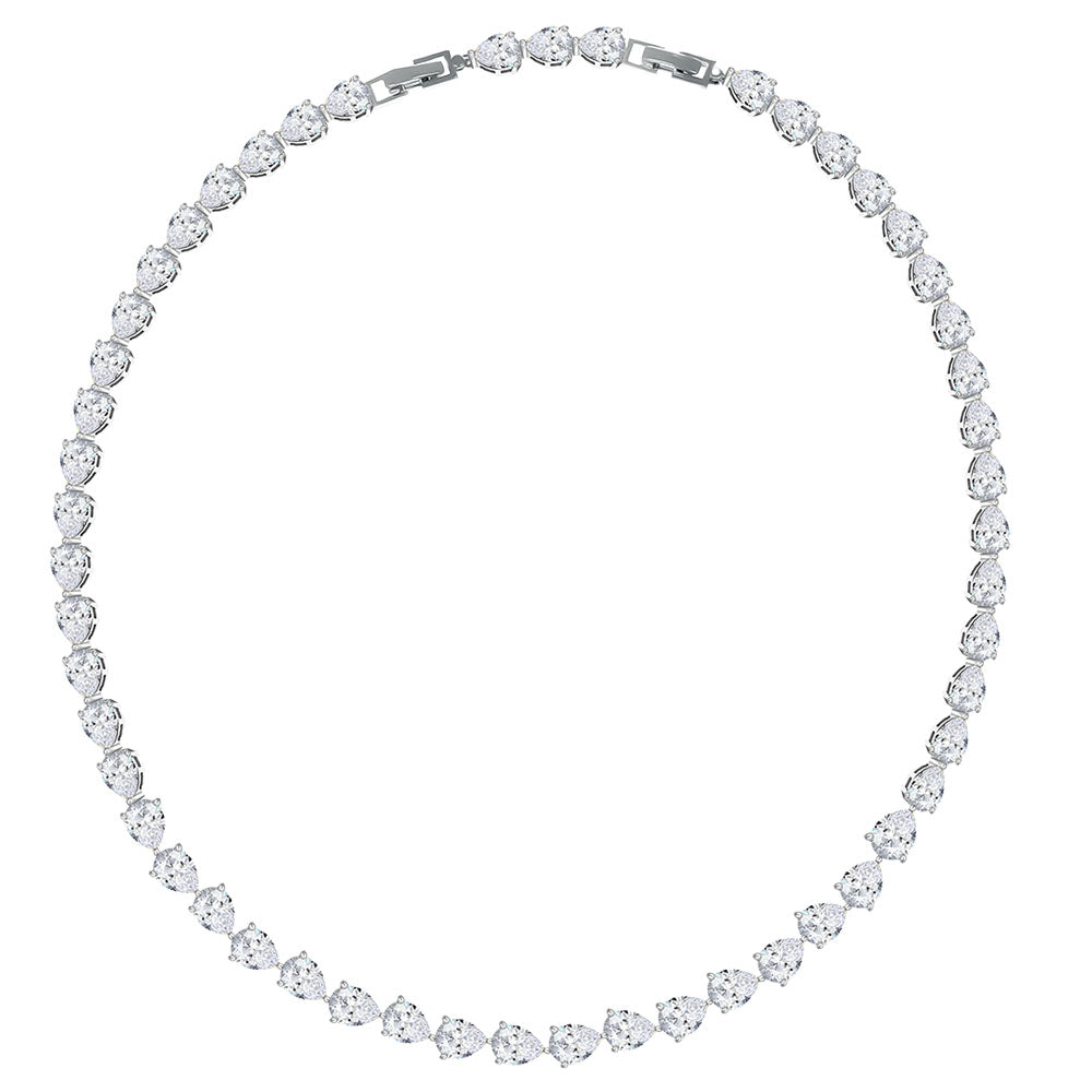 Elegante Tennis-Halskette mit klaren, tropfenförmigen Zirkonia-Steinen in durchgehender Krappenfassung.