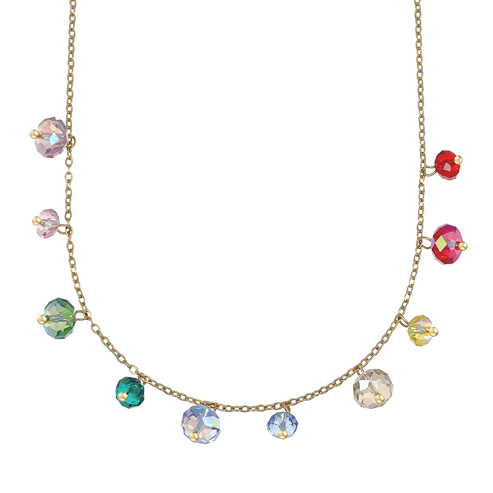 Goldene Edelstahl-Halskette mit bunten Kristallanhängern in Regenbogenfarben von Crystalp