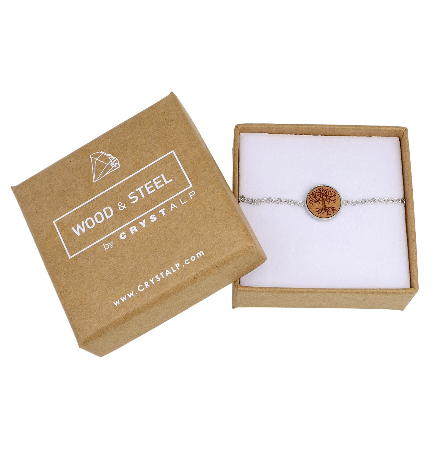 Wooden tree of life bracelet in der Crystalp Schmuckverpackung