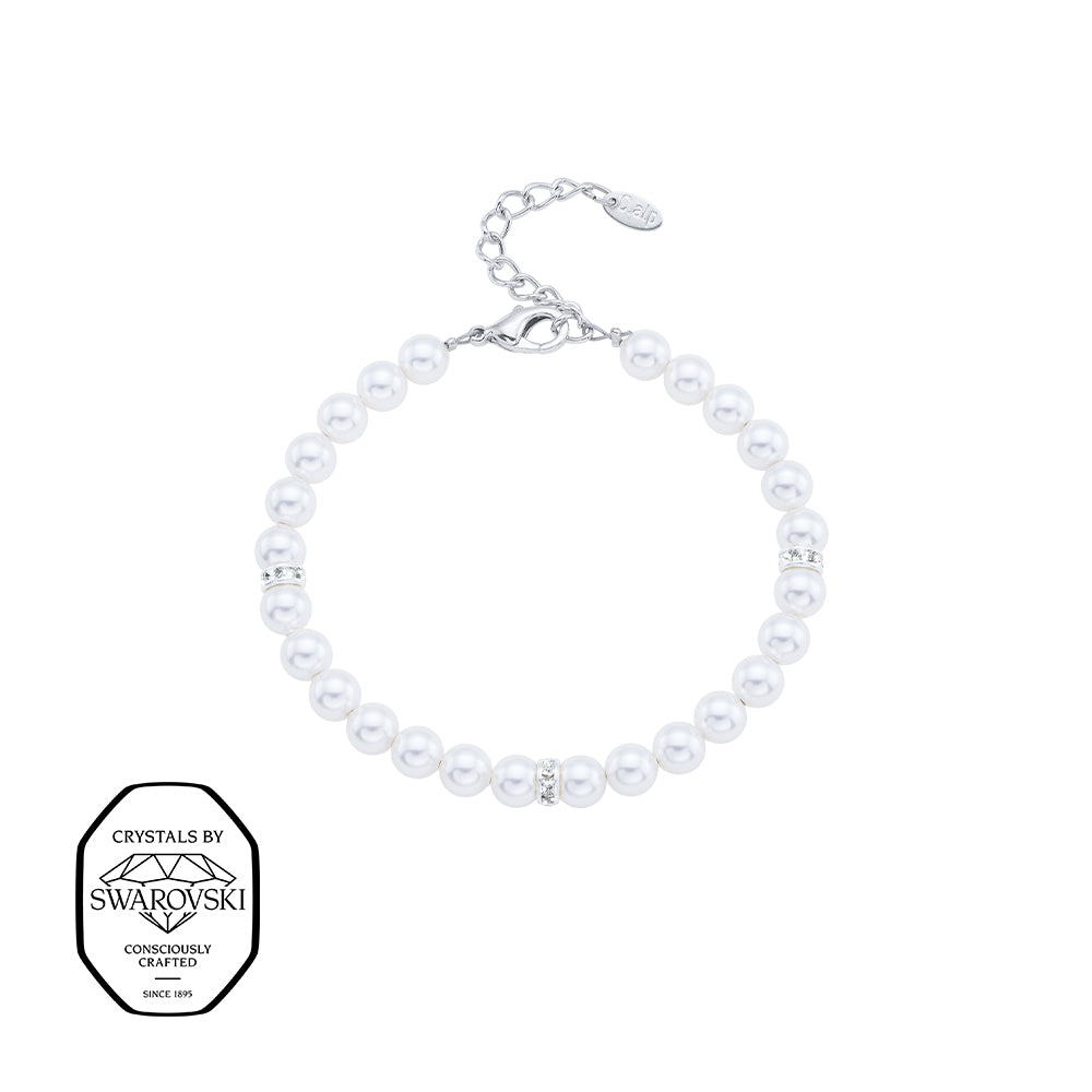 Weißes Perlenarmband mit Swarovski-Kristallen und silberfarbener Verschluss, Marke Crystalp