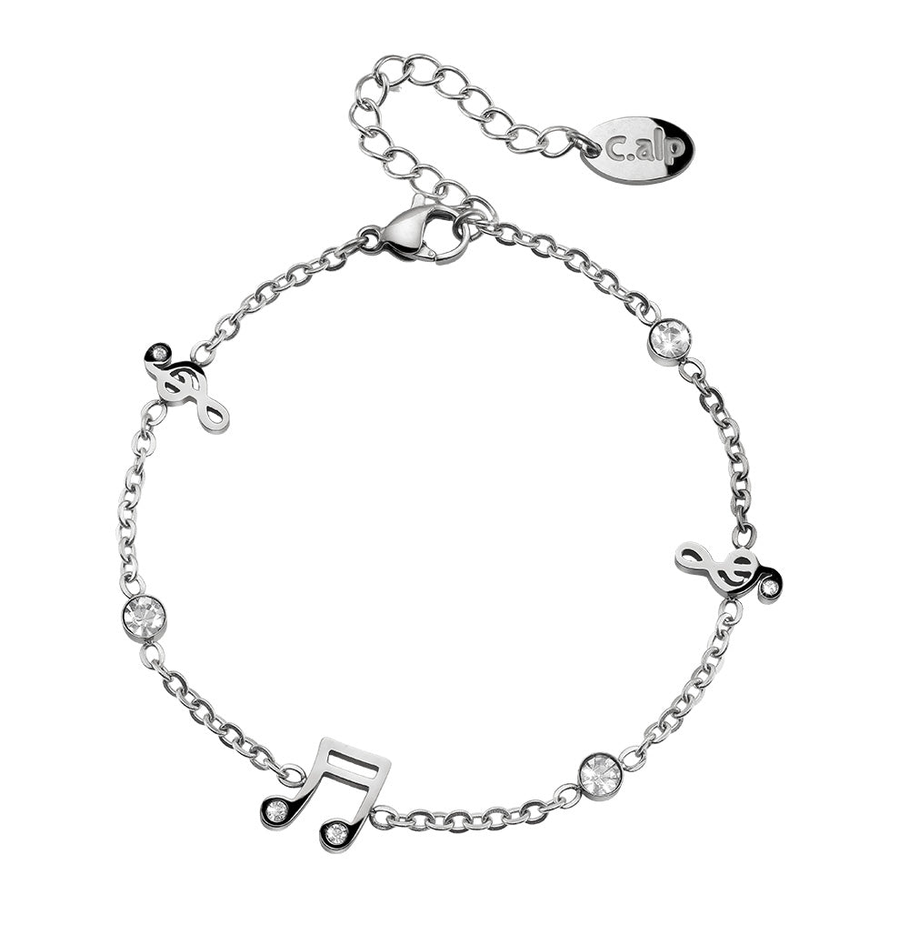 Silberfarbenes Armband mit Musiknoten und funkelnden Kristallen von Crystalp
