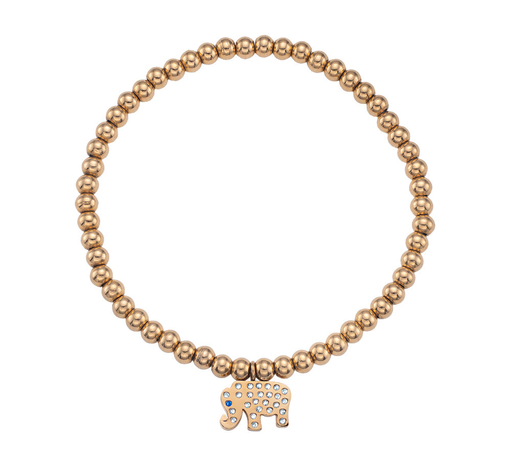 Goldfarbenes Perlenarmband mit funkelndem Elefanten-Anhänger aus Kristallen von Crystalp
