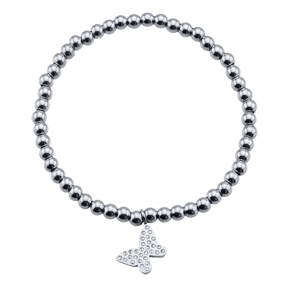 Elastikarmband aus silberfarbenen Perlen mit Schmetterlingsanhänger und Kristallen – hochwertiger Modeschmuck von Crystalp