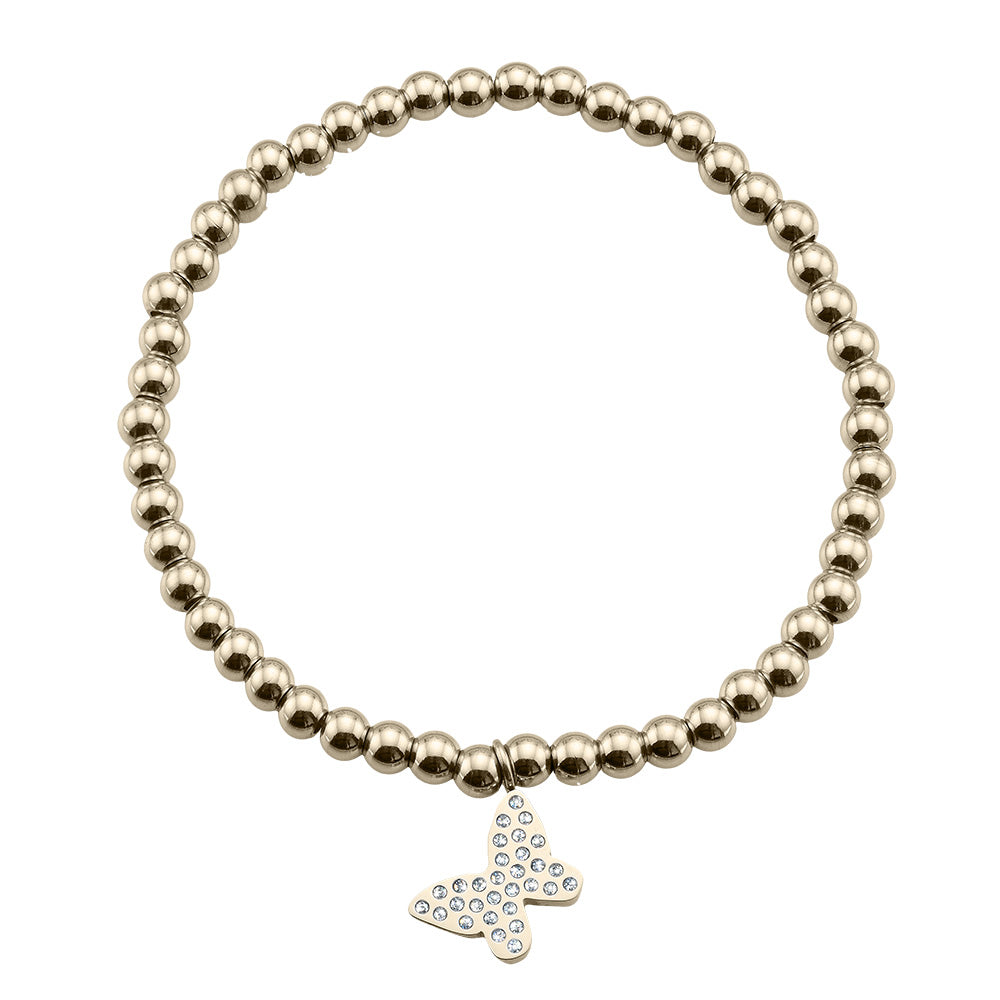 Elastikarmband aus goldfarbenen Perlen mit Schmetterlingsanhänger und Kristallen – hochwertiger Modeschmuck von Crystalp