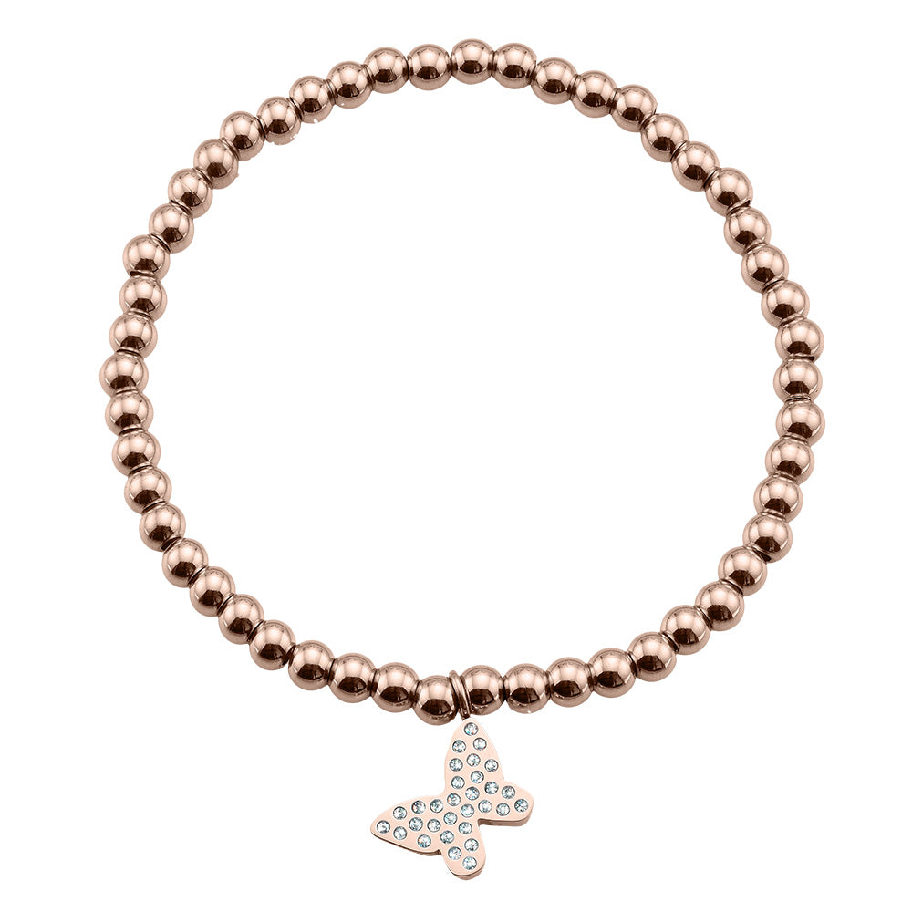 Elastikarmband aus rosegoldenen Perlen mit Schmetterlingsanhänger und Kristallen – hochwertiger Modeschmuck von Crystalp
