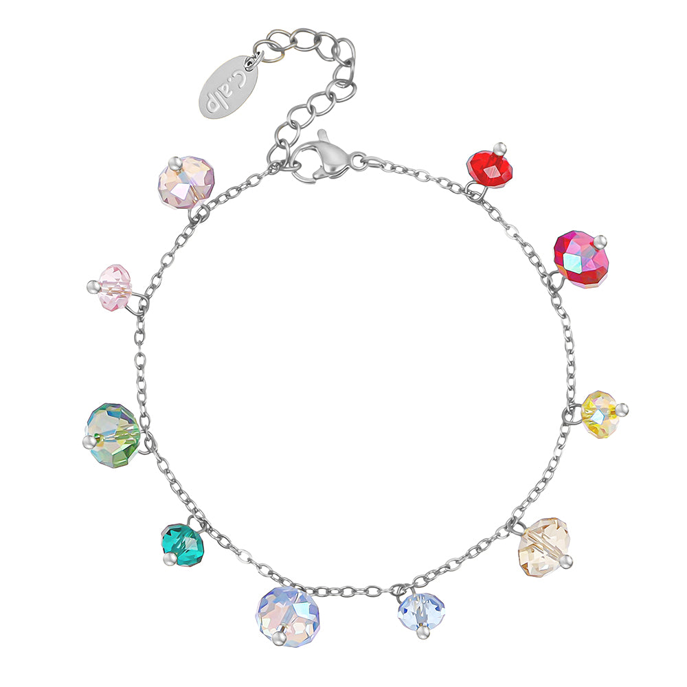 Feines Silberarmband mit bunten Kristallanhängern in Regenbogenfarben von Crystalp