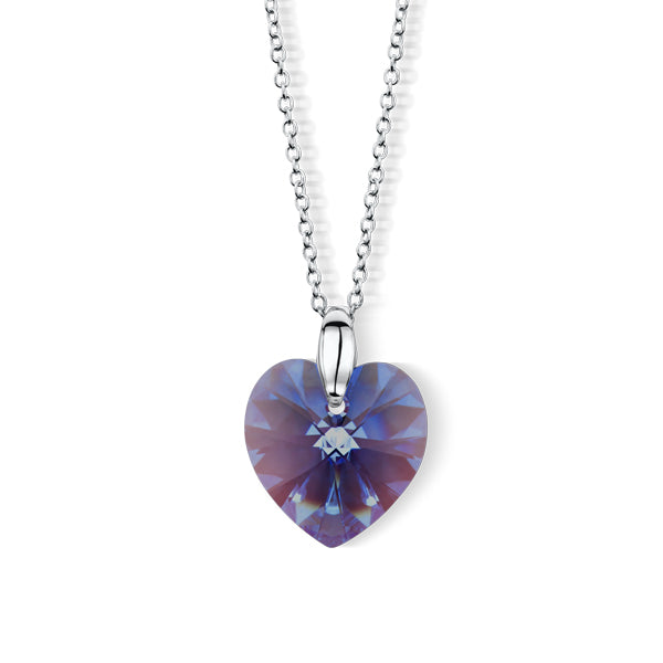 Silberfarbene Halskette mit funkelndem, violett-blauem Herzanhänger von Crystalp