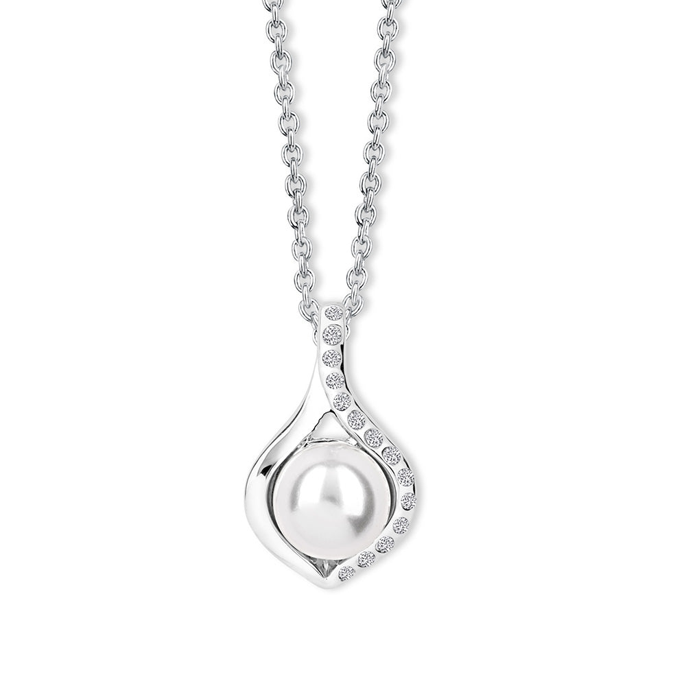 Silberne Halskette mit Perlenanhänger und geschwungenem Kristall-Design von Crystalp