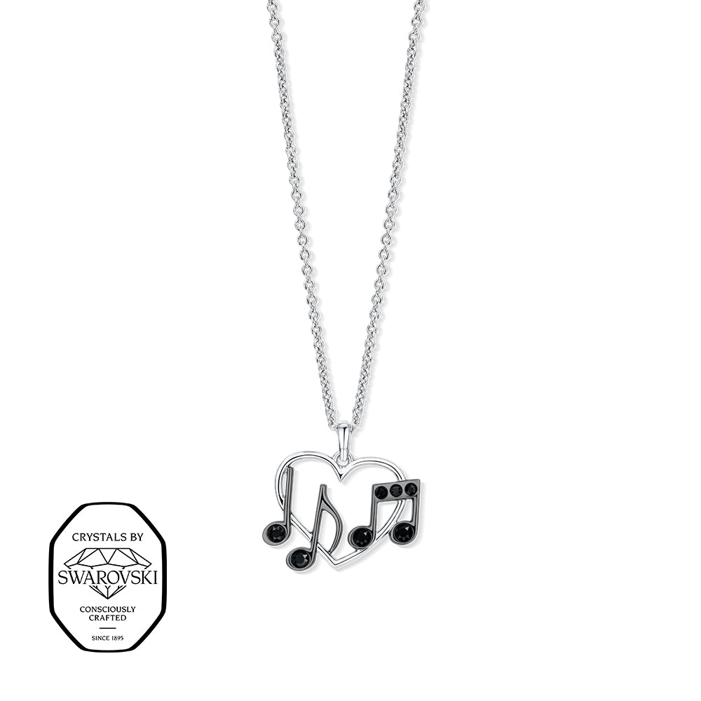 Silberne Halskette mit Herzanhänger, verziert mit schwarzen Swarovski® Kristallen in Notenform.