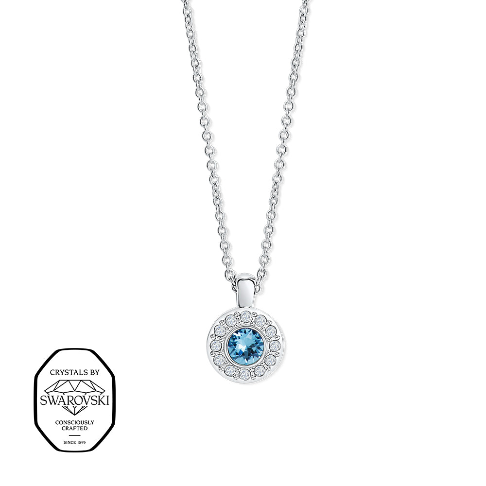 Silberne Halskette mit rundem Anhänger und blauem Swarovski® Kristall.