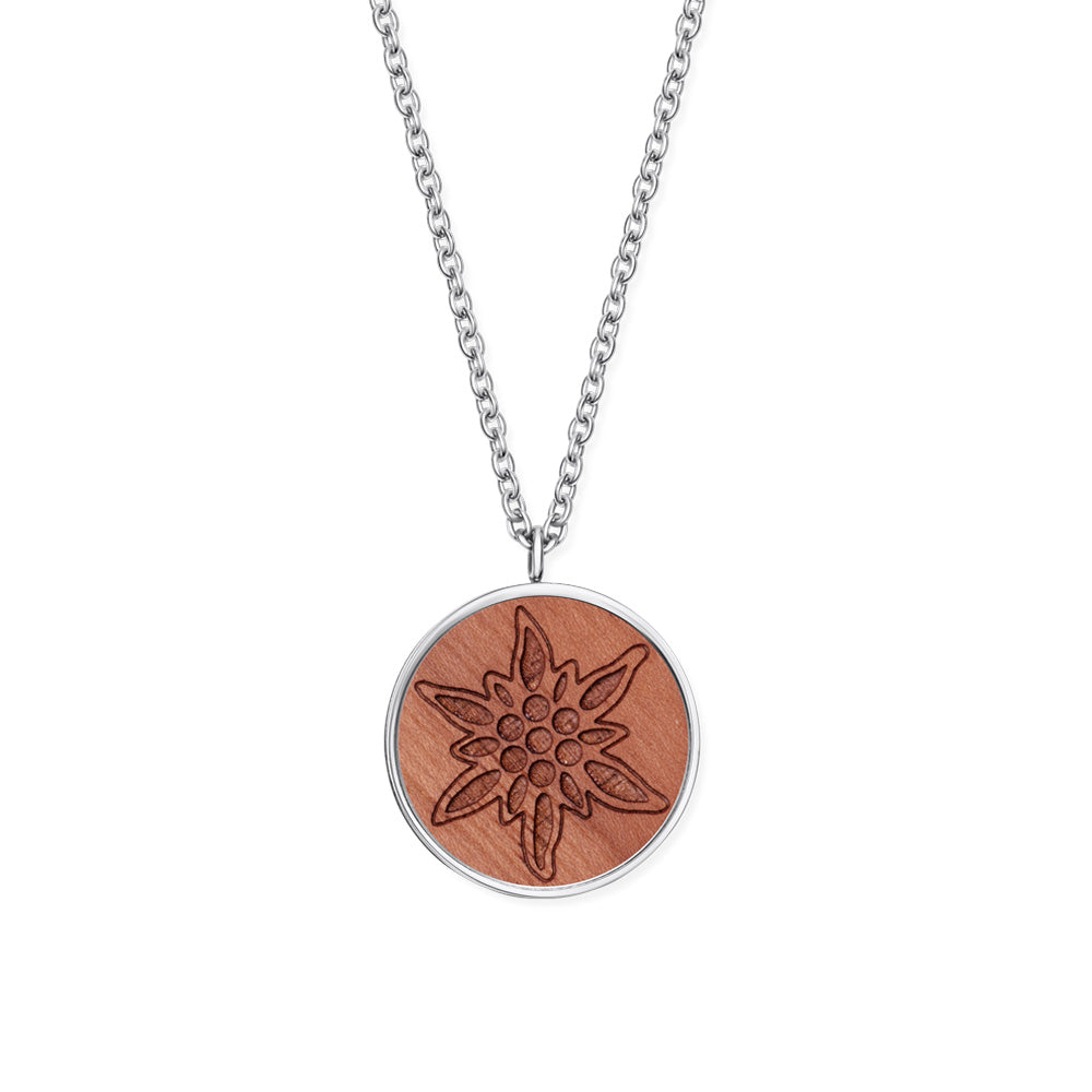 Silber Halskette mit rundem Holzanhänger und Edelweiß-Gravur von Crystalp