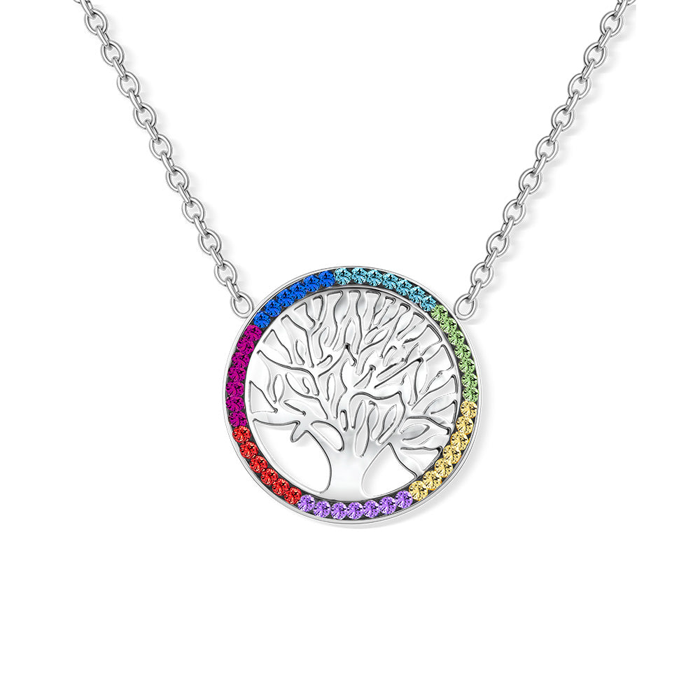 Lebensbaum Kette mit Kristallen in Regenbogenfarben.