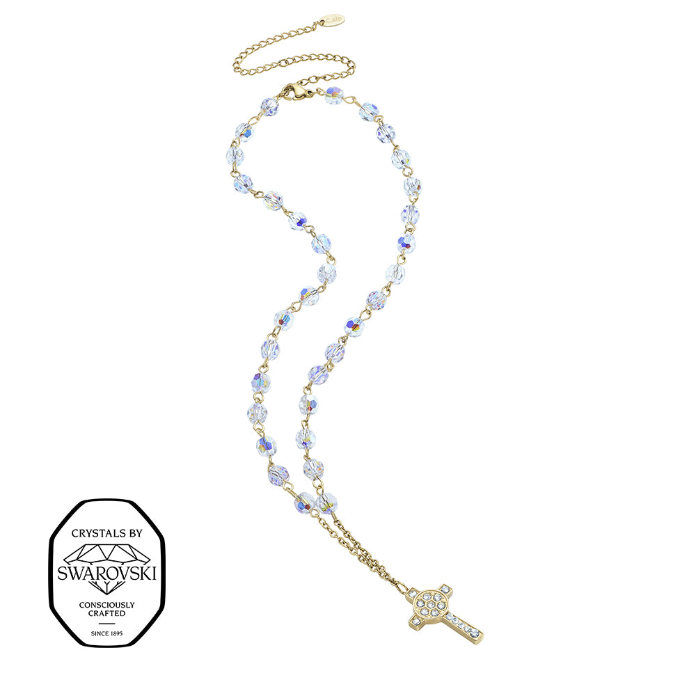 Rosary-Halskette mit funkelnden Swarovski® Kristallen und Kreuzanhänger in goldener Optik.