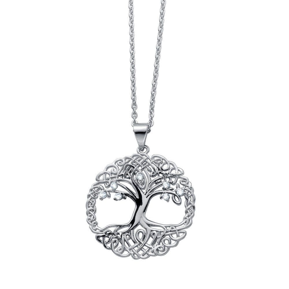 Silberne Halskette mit Lebensbaum-Anhänger und Kristallen von Crystalp