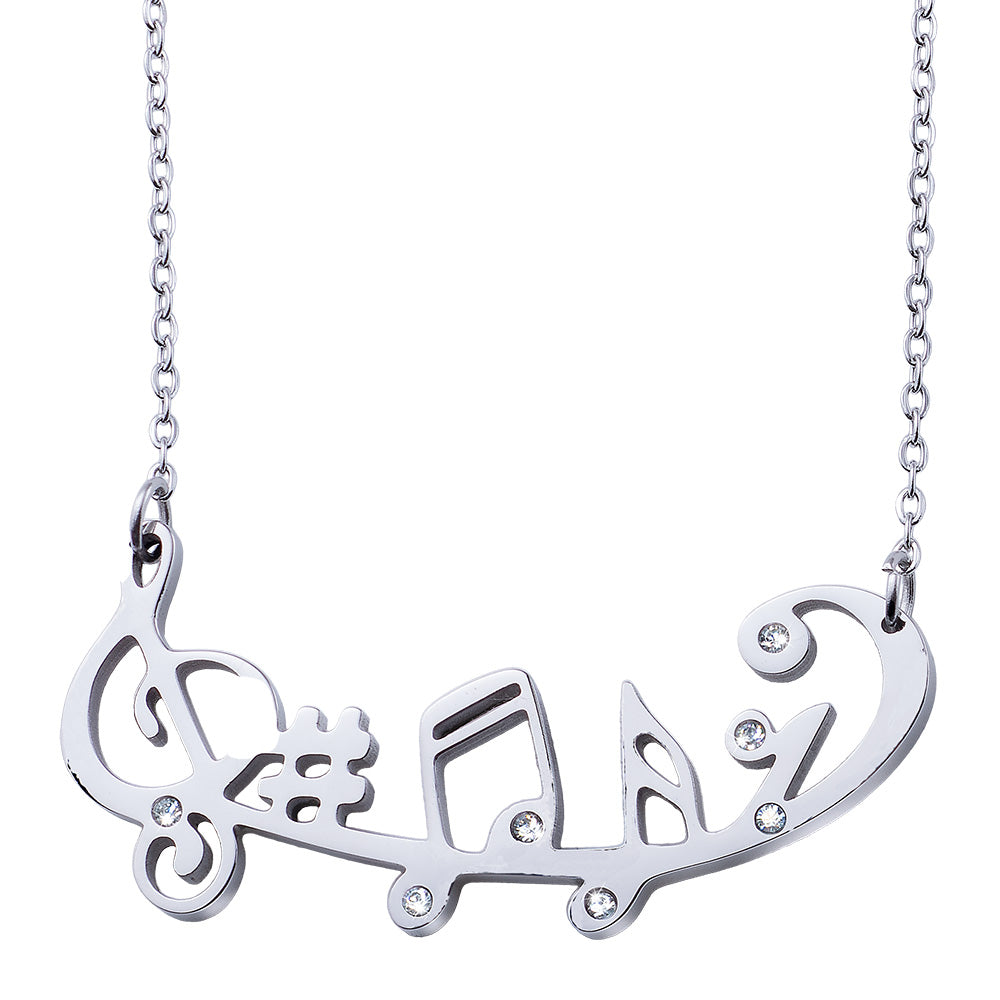 Silberfarbene Halskette mit geschwungenem Noten-Design und funkelnden Ziersteinen.