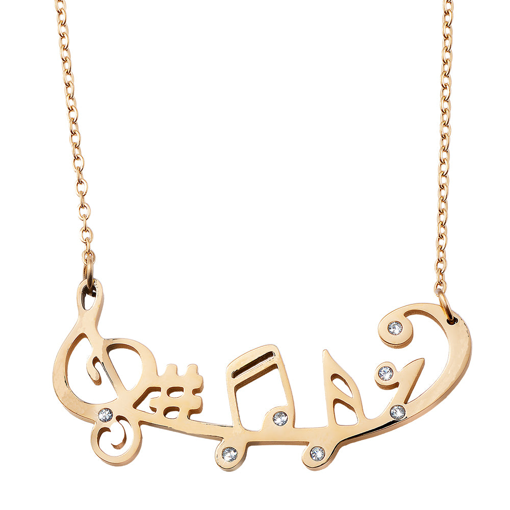 Goldfarbene Halskette mit geschwungenem Noten-Design und funkelnden Ziersteinen.