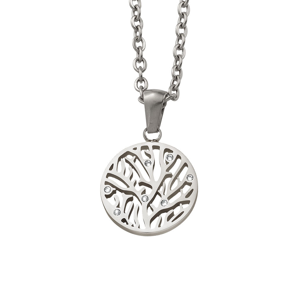 Silberfarbene Halskette mit rundem Lebensbaum-Anhänger und funkelnden Kristallen von Crystalp