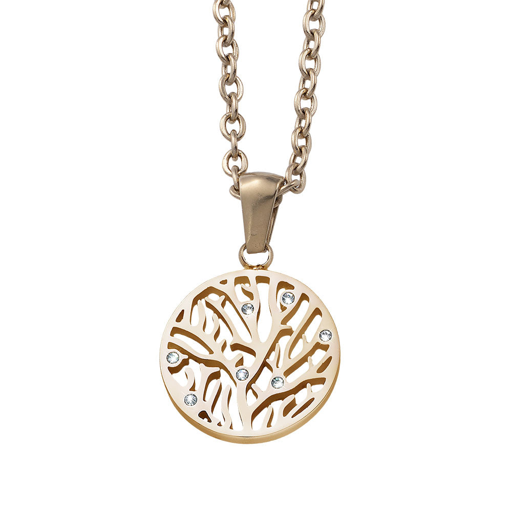 Vergoldete Halskette mit rundem Lebensbaum-Anhänger und funkelnden Kristallen von Crystalp