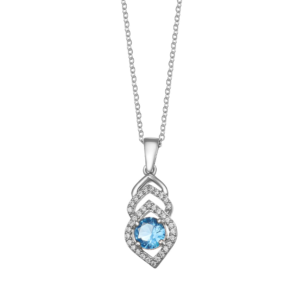 Crystalp Anhänger in Silber mit tropfenförmigem Design, verziert mit funkelnden Zirkonia und zentralem runden blauen Kristall.