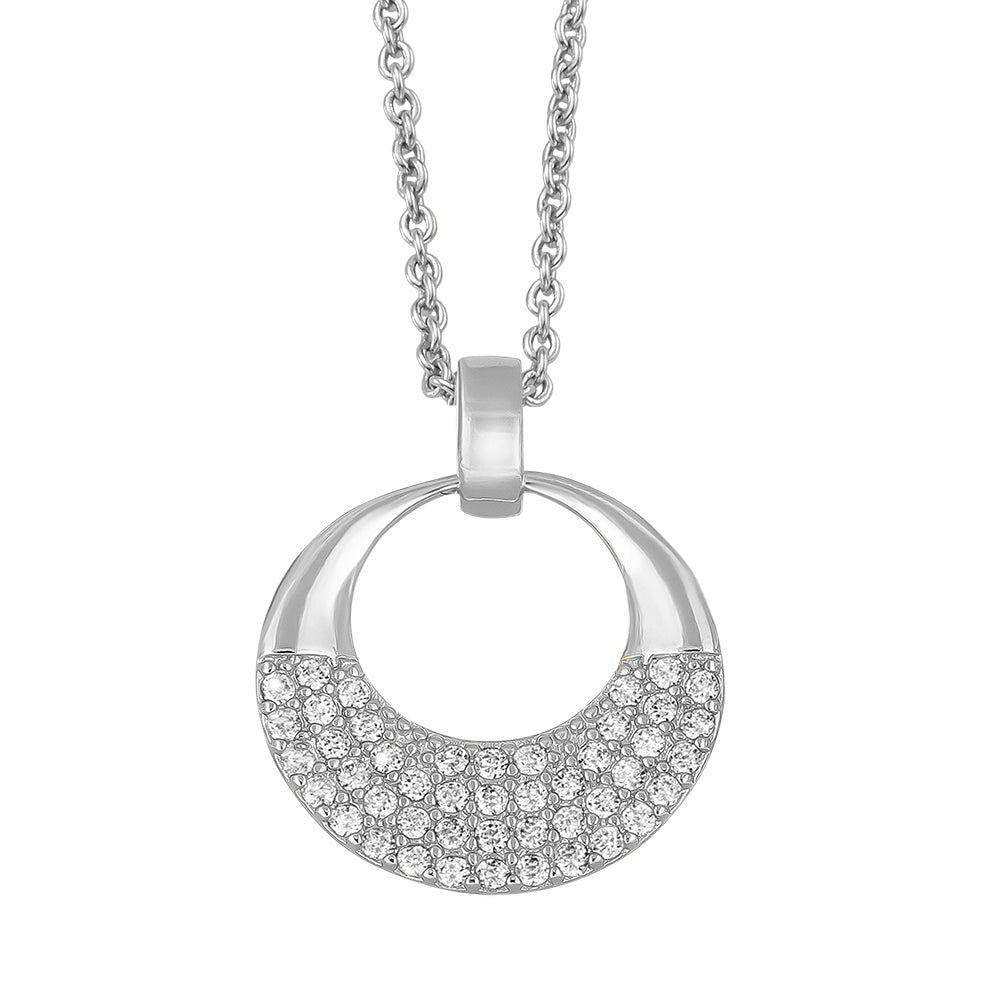 Silberfarbene Halskette mit rundem Anhänger, untere Hälfte besetzt mit klaren Kristallen, von Crystalp.