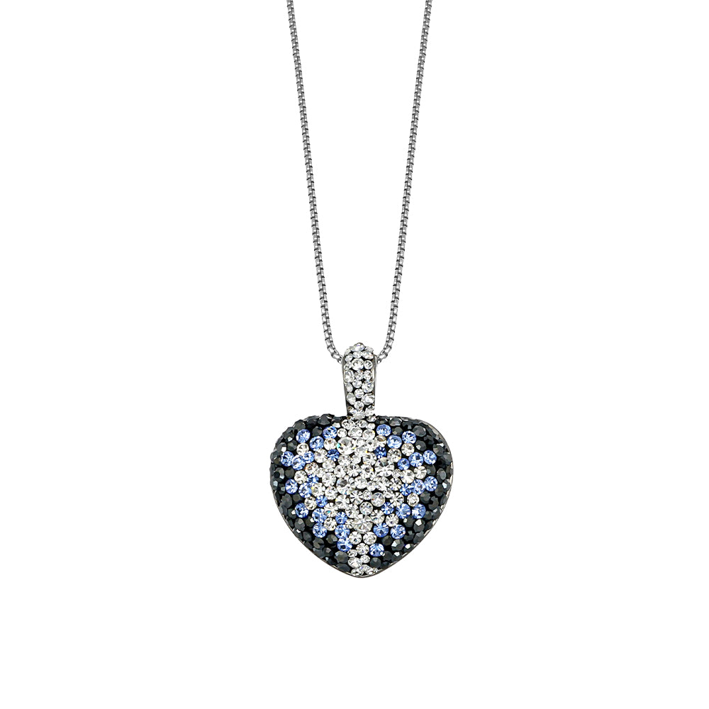 Herzanhänger-Halskette in Silber mit blauen, schwarzen und klaren Kristallen, Schmuck von Crystalp