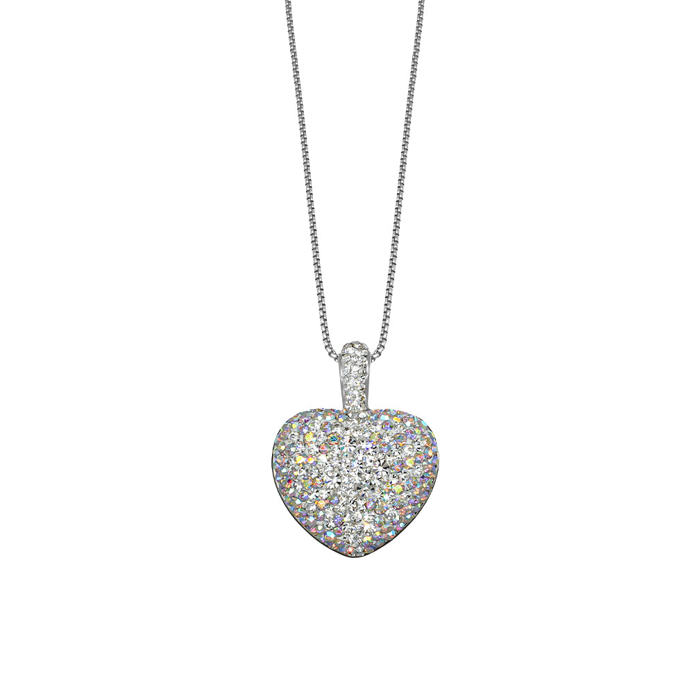 Herzanhänger-Halskette in Silber mit funkelnden klaren und irisierenden Kristallen, Schmuck von Crystalp