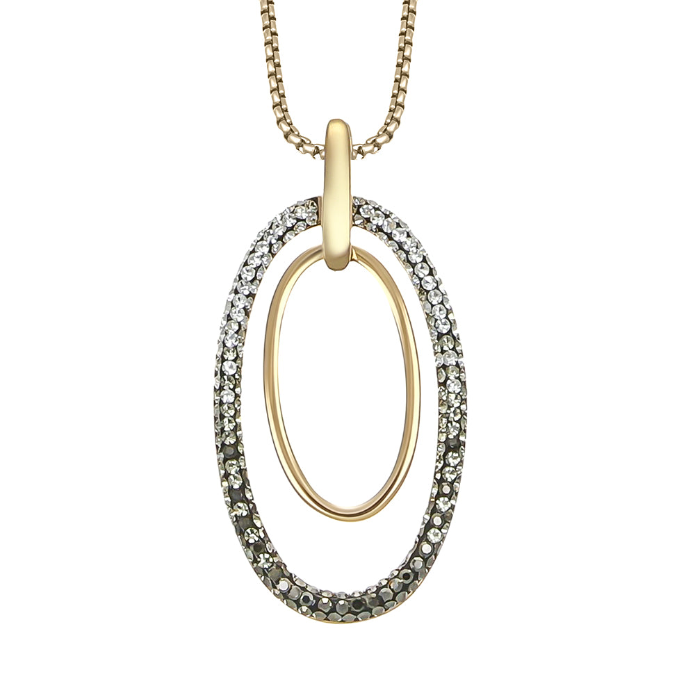 Goldfarbene Damen-Halskette mit doppelt ovalem Anhänger und schwarzen sowie klaren Kristallen, eleganter Modeschmuck von Crystalp