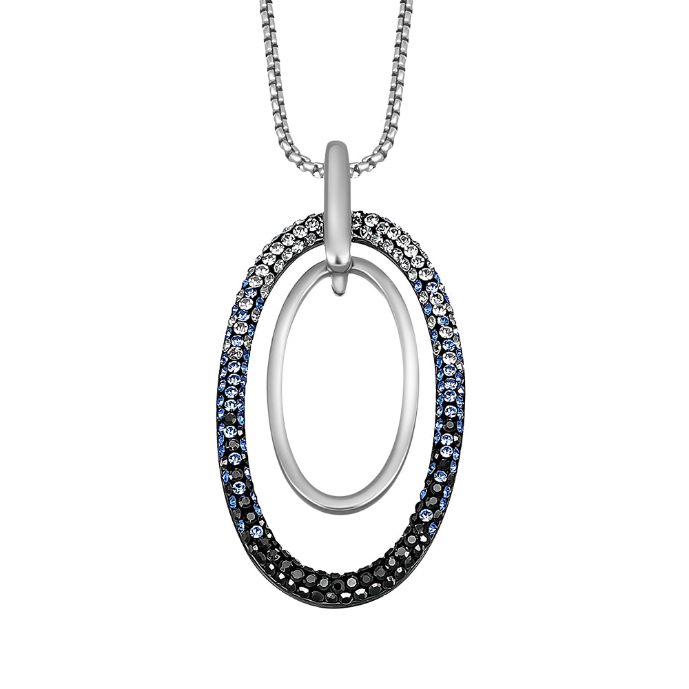 Silberfarbene Damen-Halskette mit doppelt ovalem Anhänger und blauen, schwarzen sowie klaren Kristallen, eleganter Modeschmuck von Crystalp