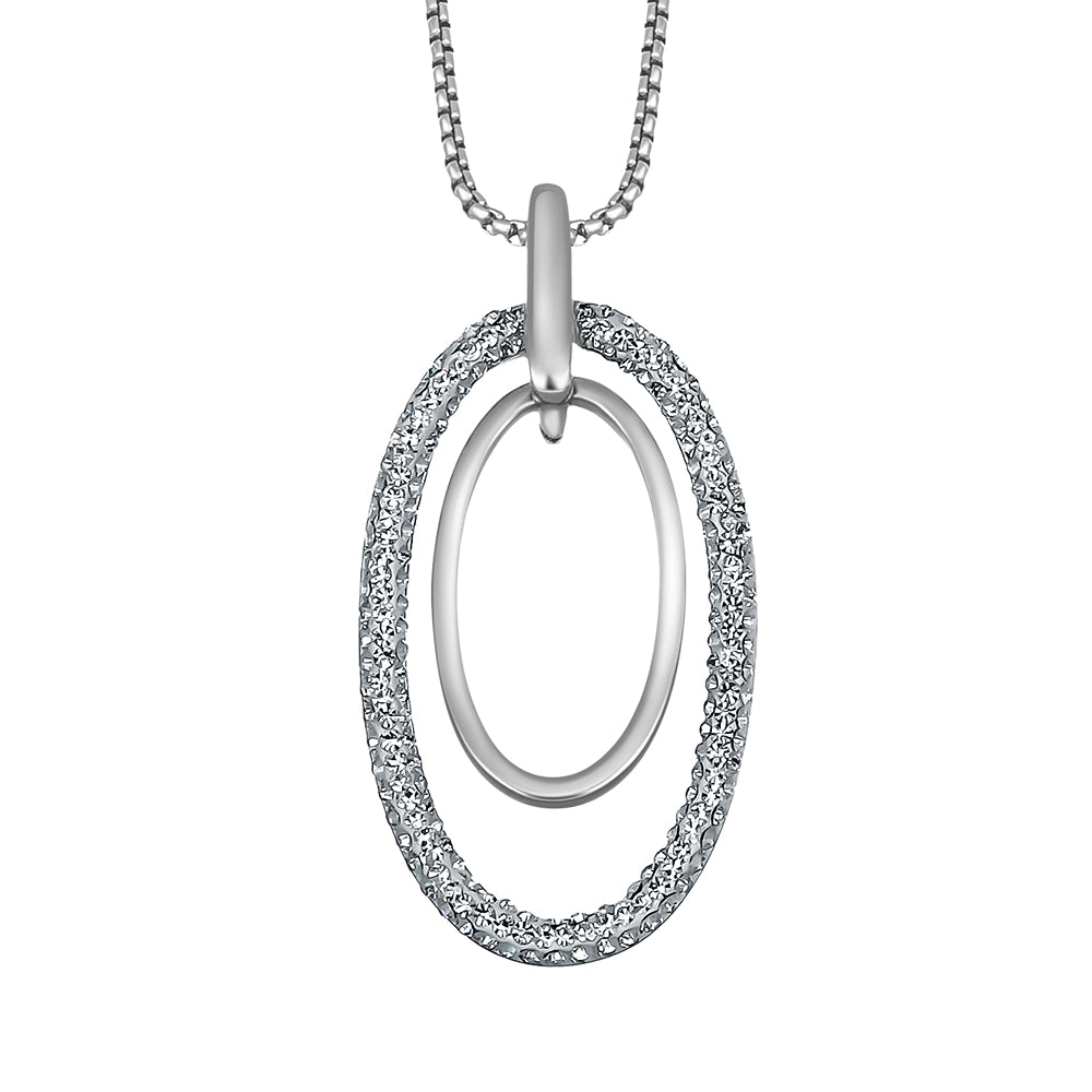 Silberfarbene Damen-Halskette mit doppelt ovalem Anhänger und klaren Kristallen, eleganter Modeschmuck von Crystalp