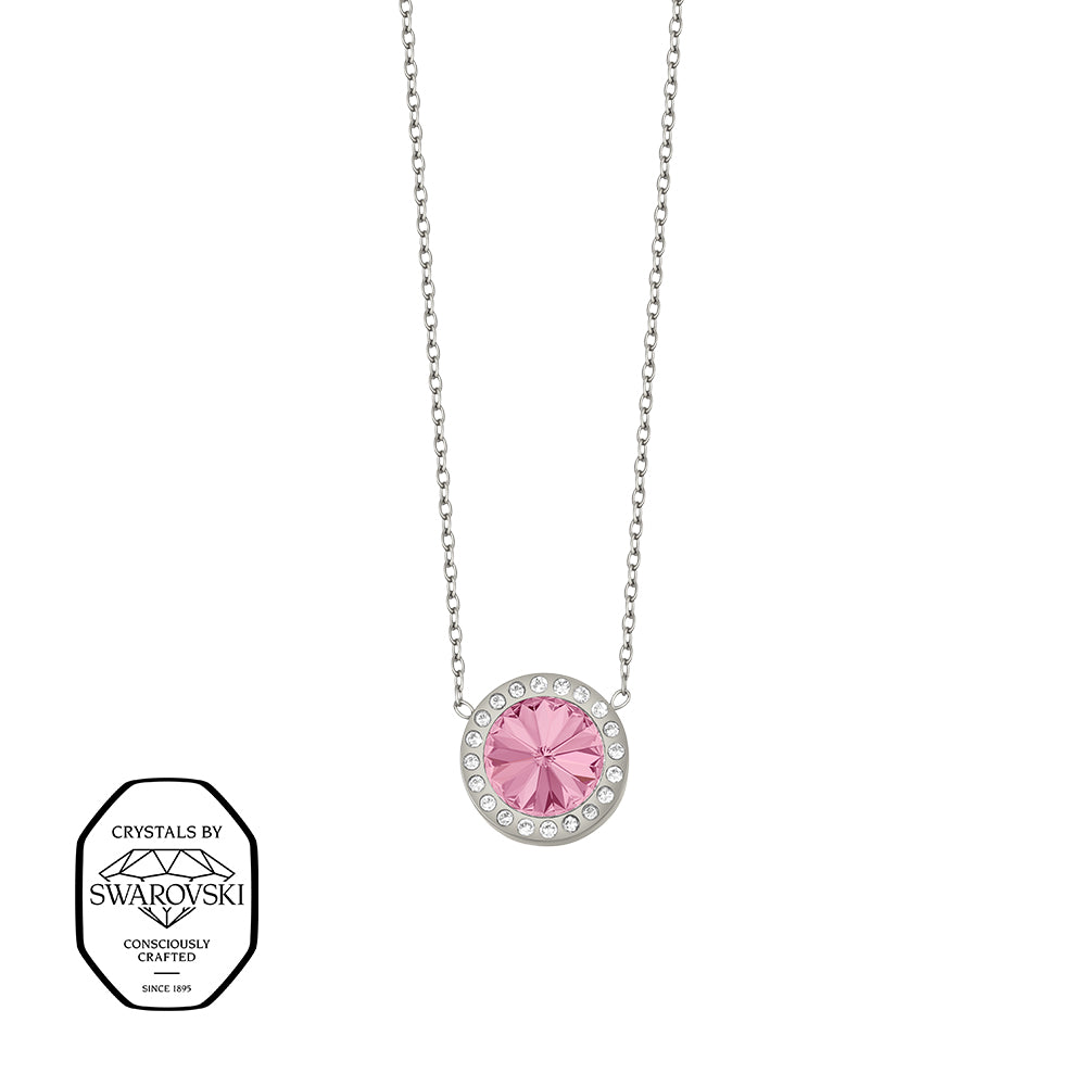 Silberfarbene Damen-Halskette mit rundem rosafarbenen Anhänger und Kristallen, eleganter Modeschmuck mit Kristallen von Swarovski®