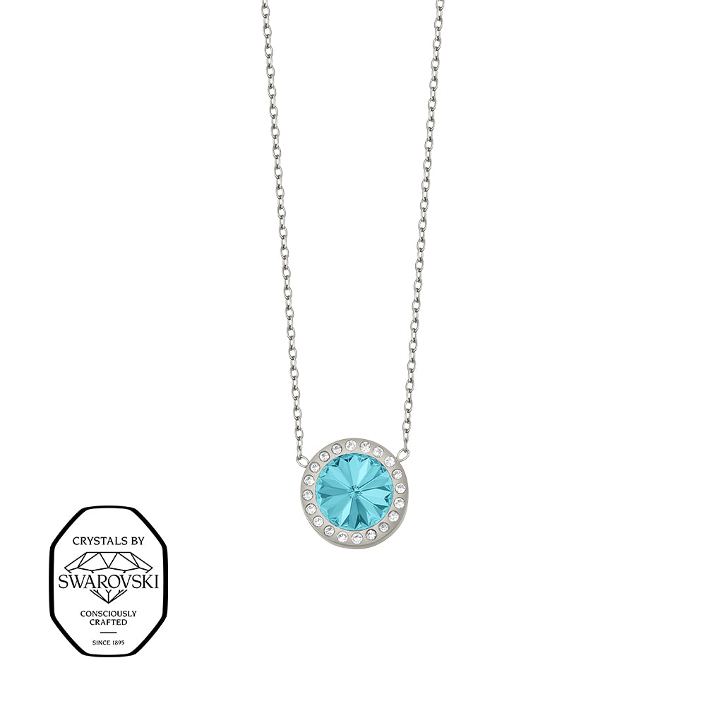 Silberfarbene Damen-Halskette mit rundem türkisfarbenem Anhänger und Kristallen, eleganter Modeschmuck mit Kristallen von Swarovski®