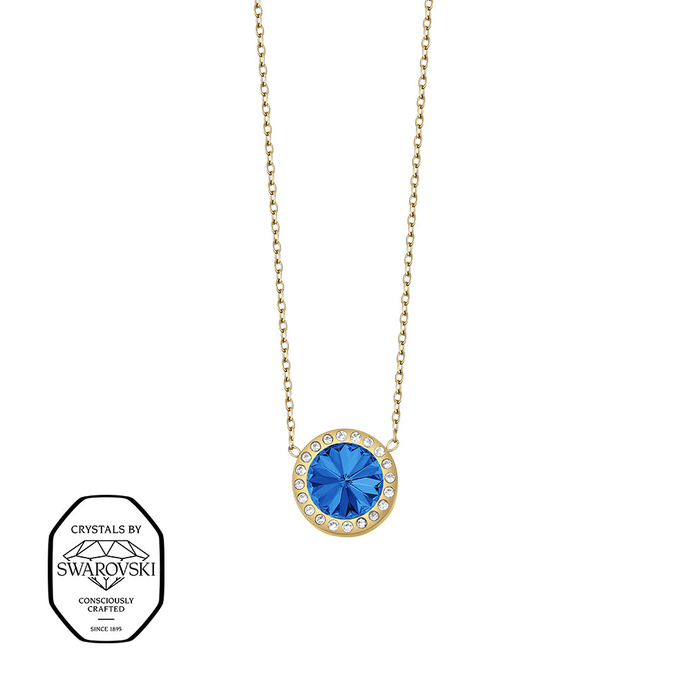 Vergoldete Damen-Halskette mit blauem rundem Anhänger und Kristallen, eleganter Modeschmuck mit Kristallen von Swarovski®