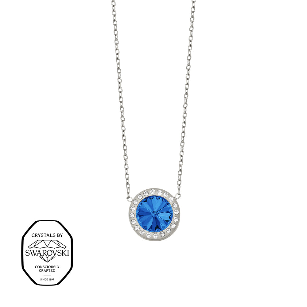 Silberfarbene Damen-Halskette mit rundem dunkelblauen Anhänger und Kristallen, eleganter Modeschmuck mit Kristallen von Swarovski®