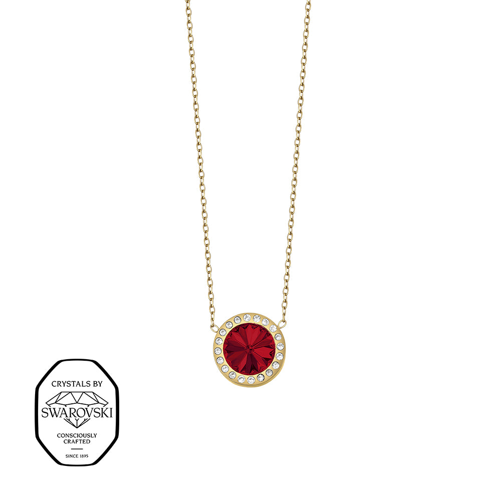 Vergoldete Damen-Halskette mit rotem rundem Anhänger und Kristallen, eleganter Modeschmuck mit Kristallen von Swarovski®
