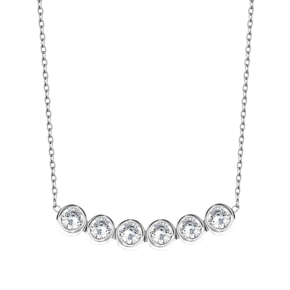Silberfarbene Damen-Halskette mit sechs klaren runden Kristallen, eleganter Modeschmuck von Crystalp