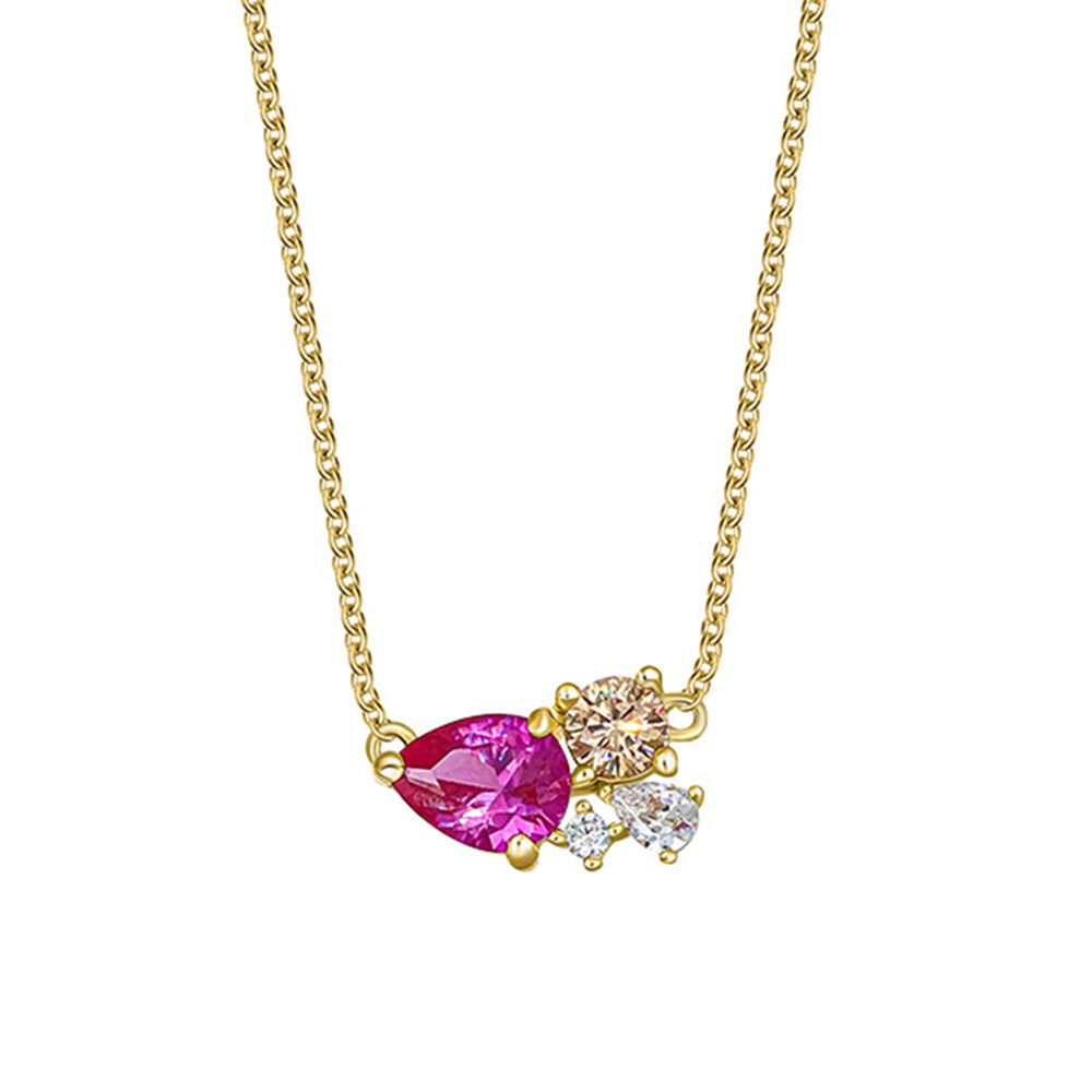 Feine Goldkette mit asymmetrischem Anhänger aus fünf Kristallen in Pink, Champagner und Weiß, facettiert, Marke Crystalp