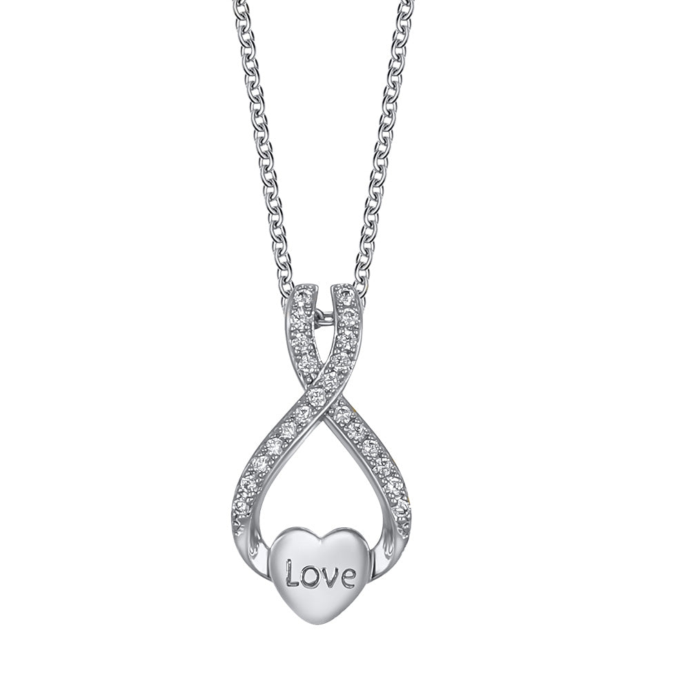 Silberne Halskette mit Unendlichkeitsanhänger, Herz und Gravur „Love“, verziert mit funkelnden Kristallen