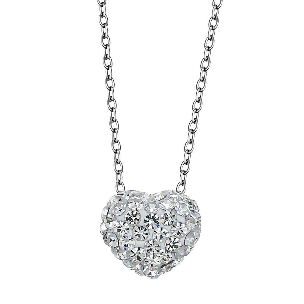 Silberne Halskette mit herzförmigem Anhänger, vollständig besetzt mit klaren funkelnden Kristallen in Pavé-Fassung, Marke Crystalp