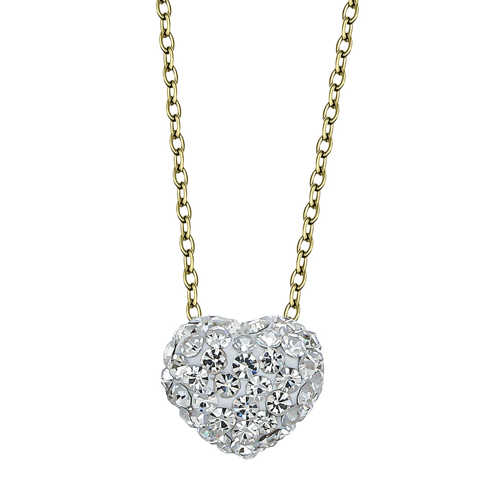 Goldene Halskette mit herzförmigem Anhänger, vollständig besetzt mit klaren funkelnden Kristallen in Pavé-Fassung, Marke Crystalp
