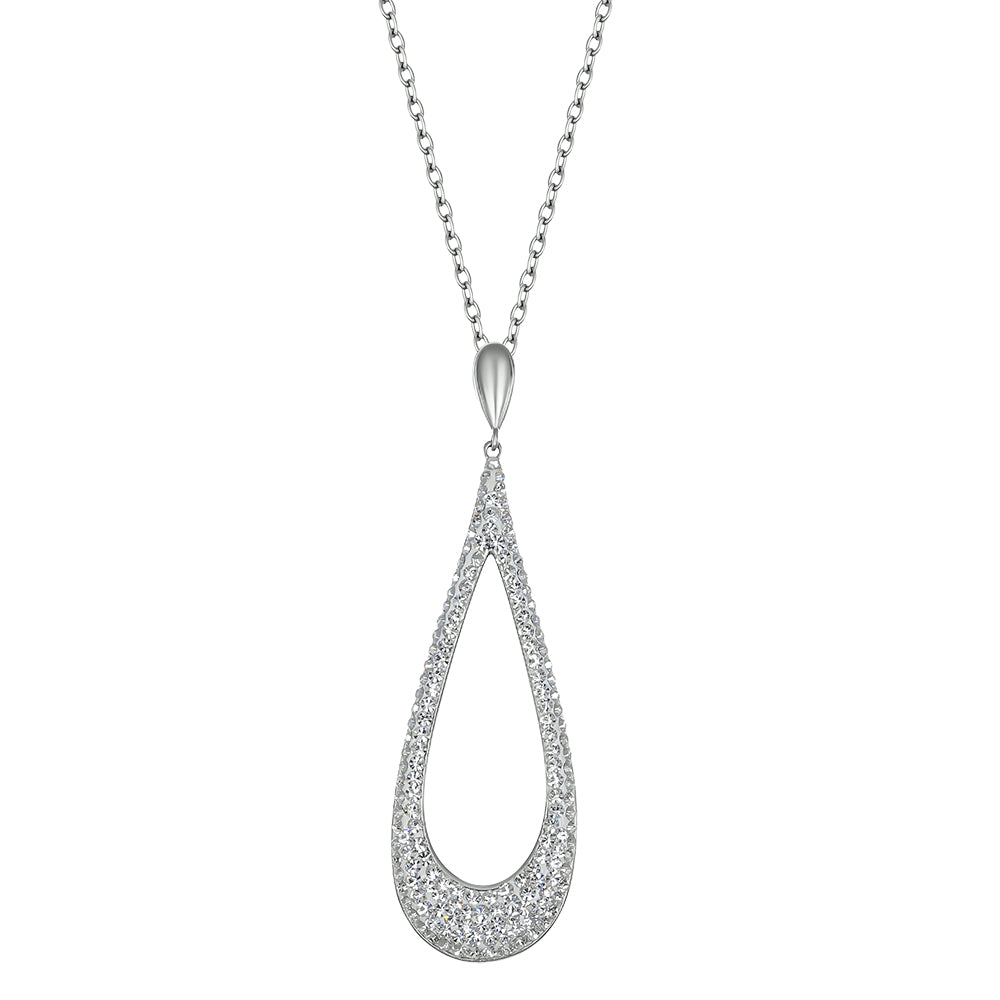 Silberne Halskette mit großem, offenem Tropfenanhänger, vollständig besetzt mit klaren funkelnden Kristallen, Marke Crystalp