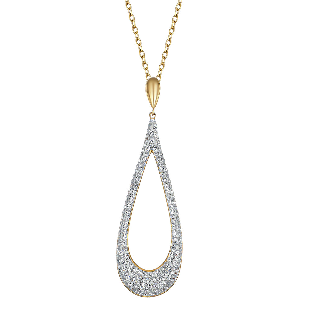 Goldene Halskette mit großem, offenem Tropfenanhänger, vollständig besetzt mit klaren funkelnden Kristallen, Marke Crystalp