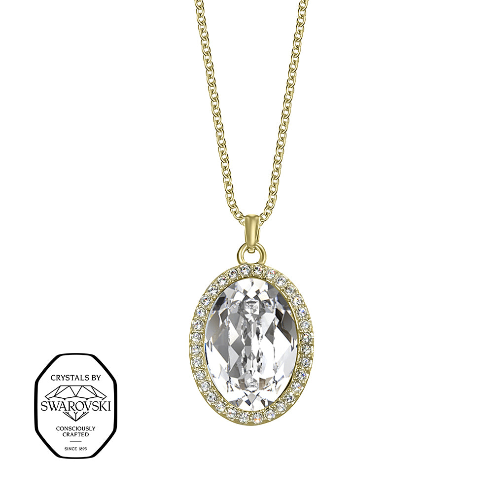 Elegante goldene Halskette mit ovalem, klarem Kristall, eingefasst in funkelnde Zirkonia – luxuriöses und zeitloses Designschmuckstück von Crystalp