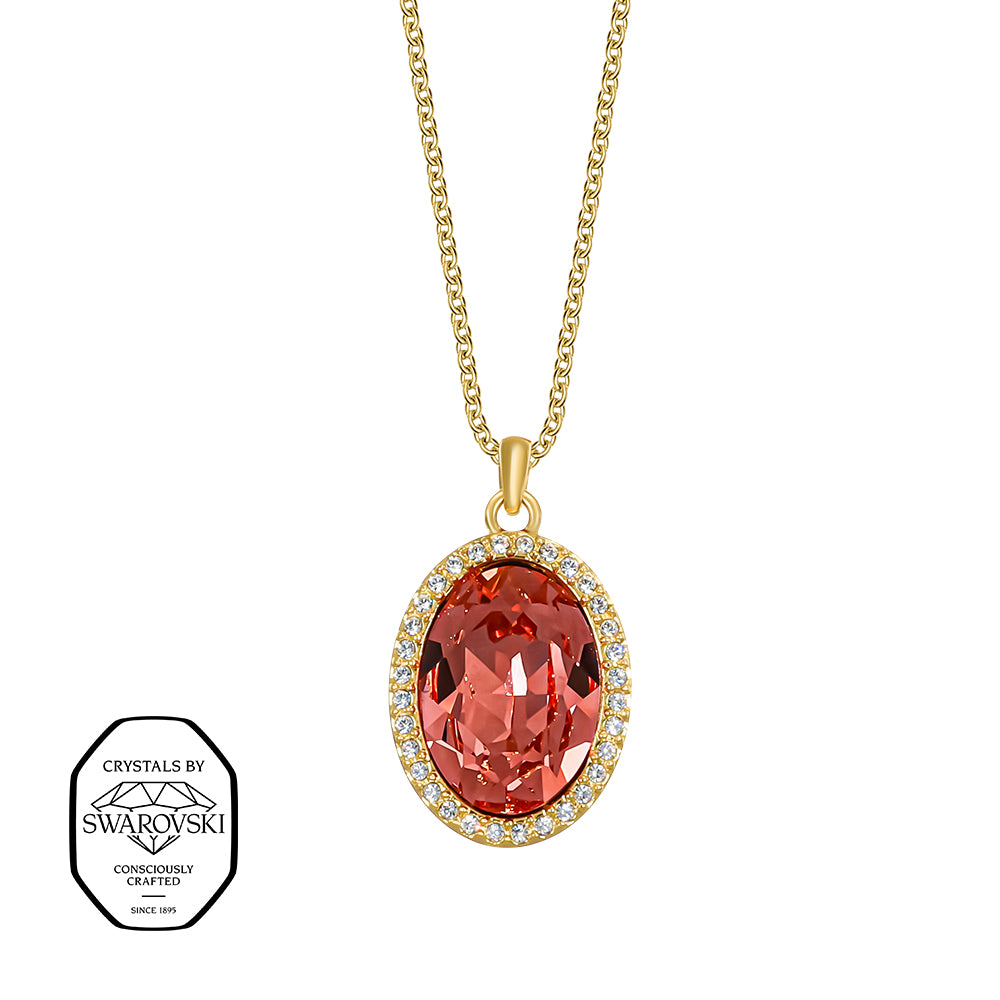 Goldene Halskette mit ovalem, rotem Kristall, eingefasst in funkelnde Zirkonia – luxuriöses, ausdrucksstarkes Designschmuckstück von Crystalp