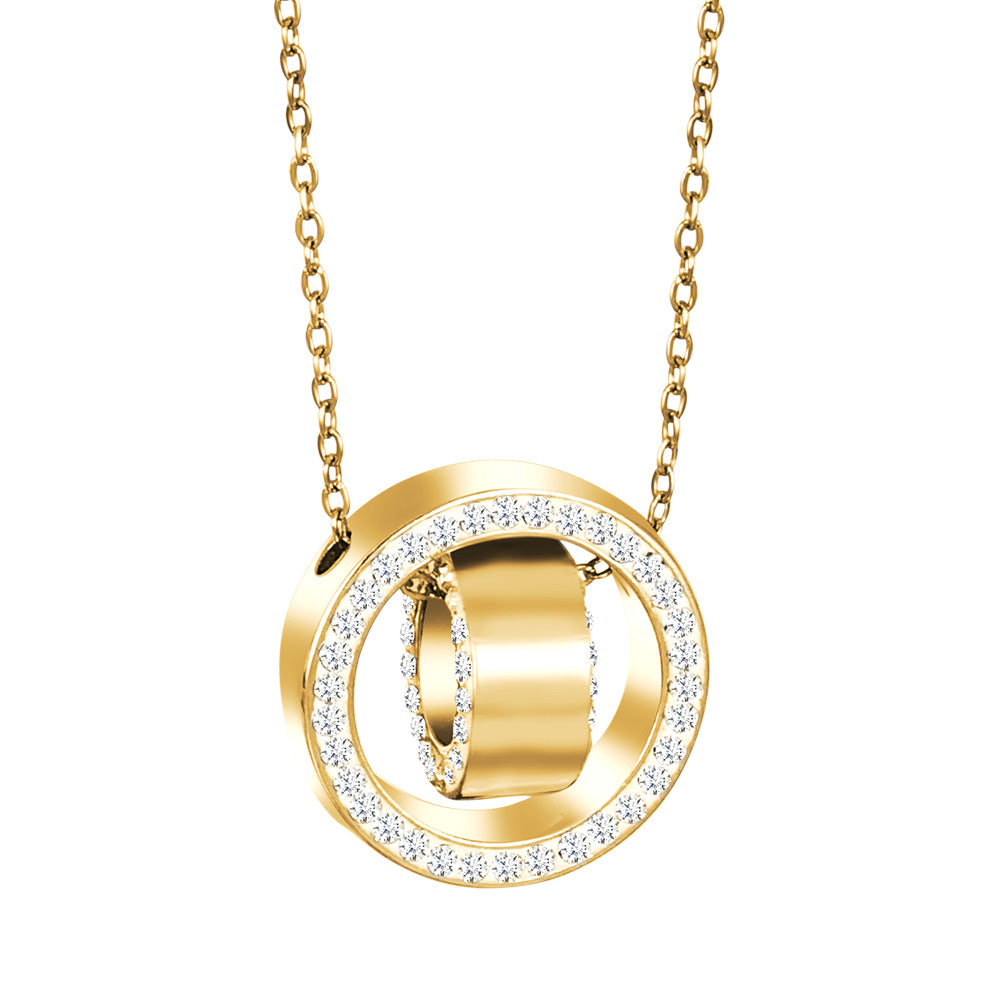 Crystalp Amaze Pendant aus Edelstahl in Gold mit modernem Kreis-Design und doppelter Ringstruktur