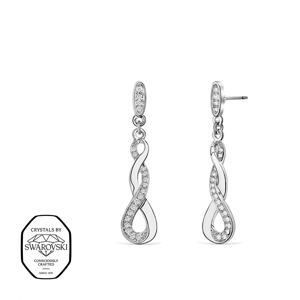 Infinity-Ohrhänger mit Swarovski® Kristallen in Kristallklar, längliche Form mit geschwungenem Unendlichkeitssymbol