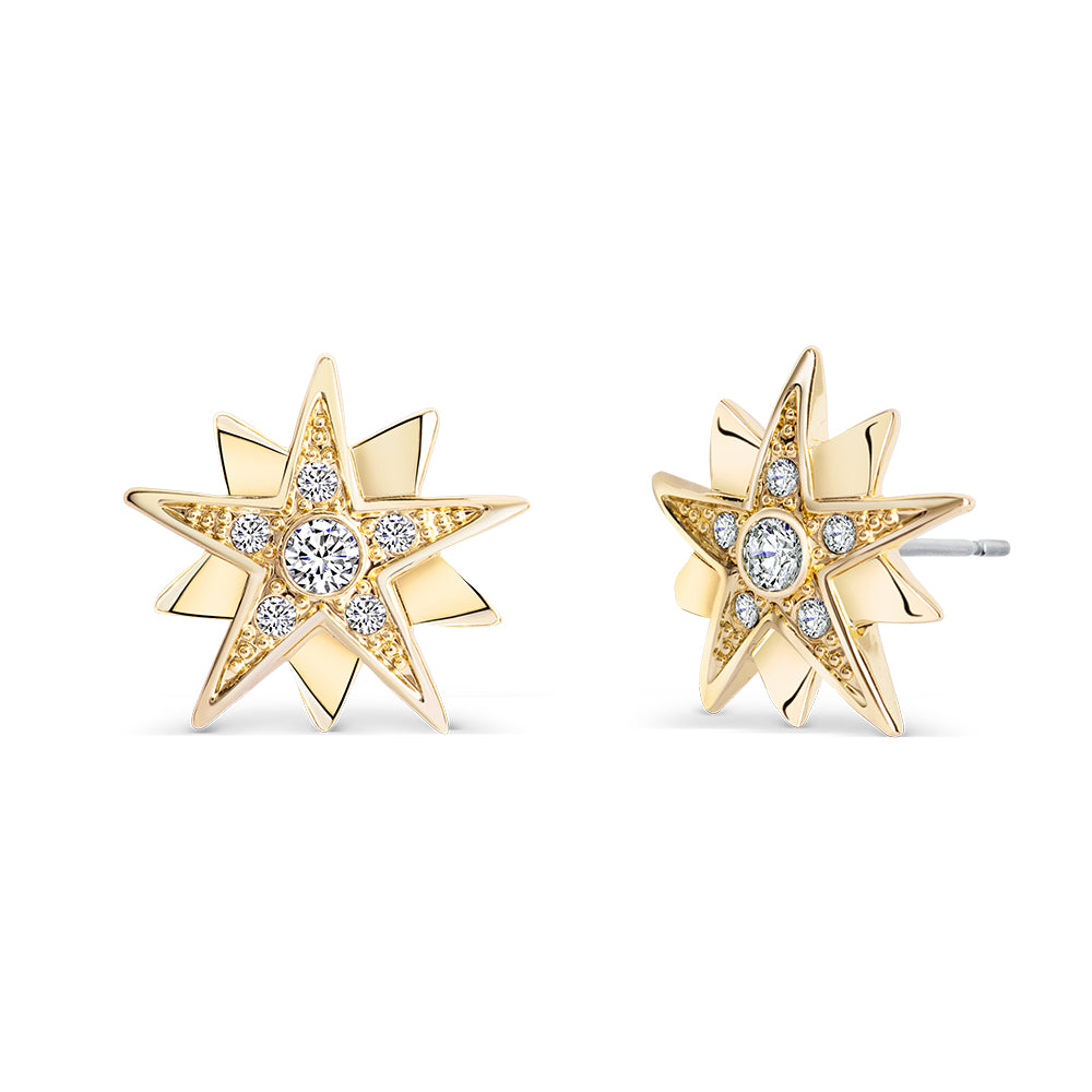 Goldene Stern-Ohrstecker mit Kristallen, funkelnder Ohrschmuck.