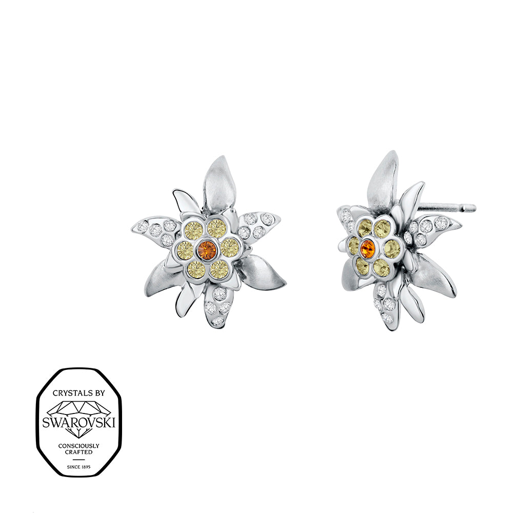 Silberne Edelweiß-Ohrringe in Blütenform mit gelben und weißen Swarovski® Kristallen