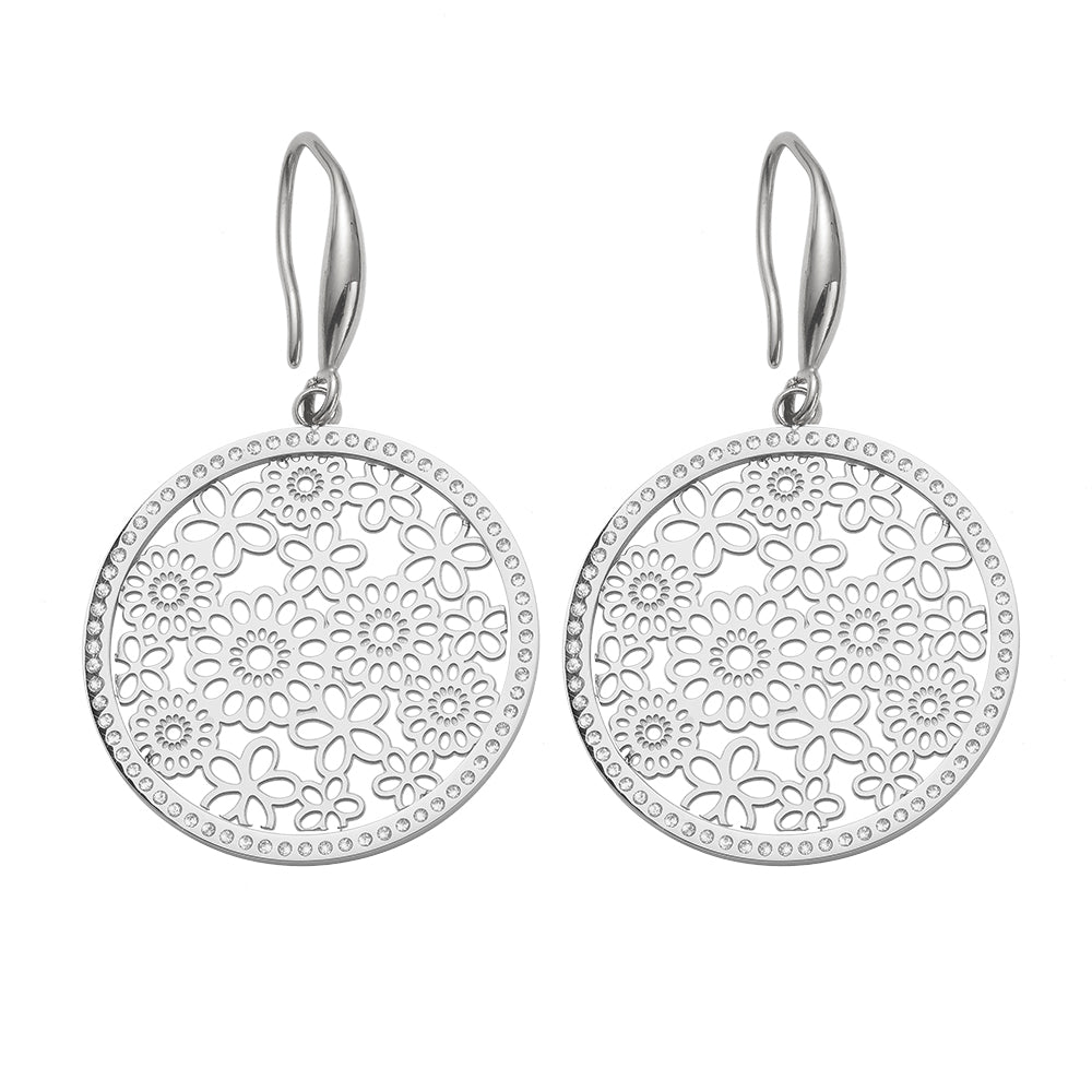 Silberfarbene Creolen-Ohrringe mit floralem Muster und funkelnden Kristallen