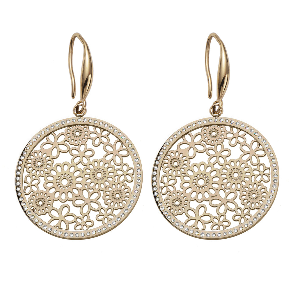 Goldfarbene Creolen-Ohrringe mit floralem Muster und funkelnden Kristallen