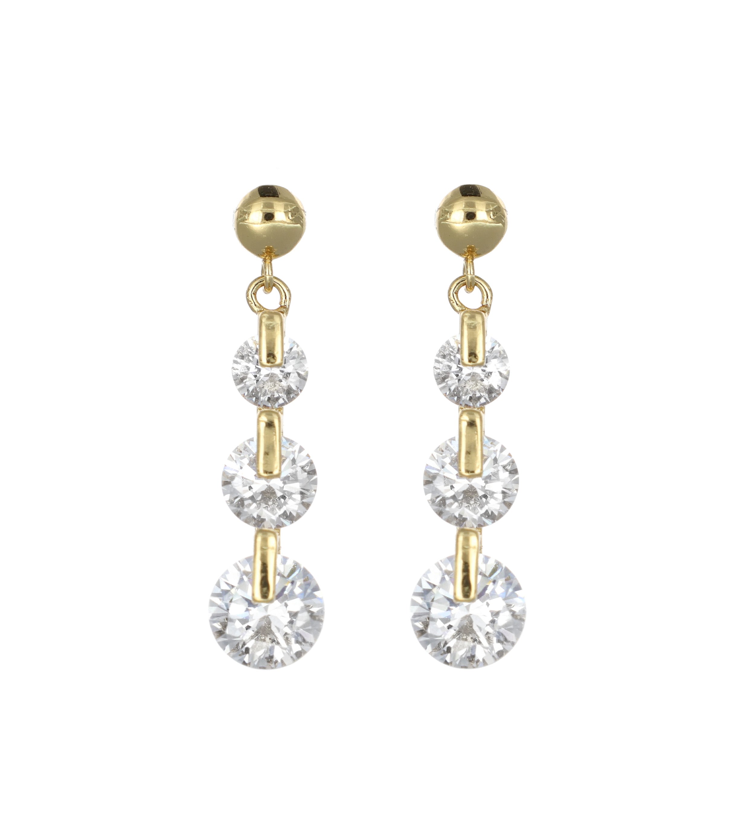 Goldfarbene Ohrhänger mit drei klaren Kristallen in Reihe
